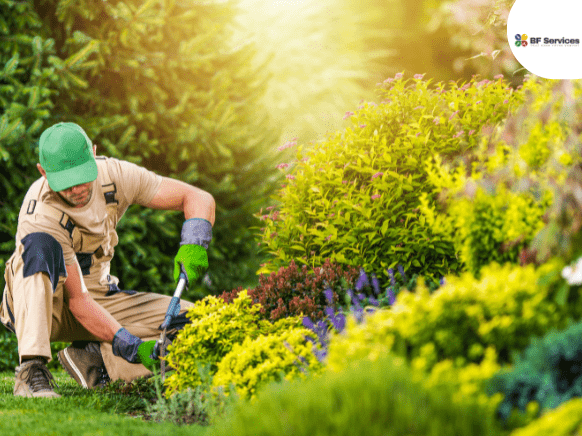 Paysagiste professionnel tondant une pelouse dans un jardin soigné à Toulouse.